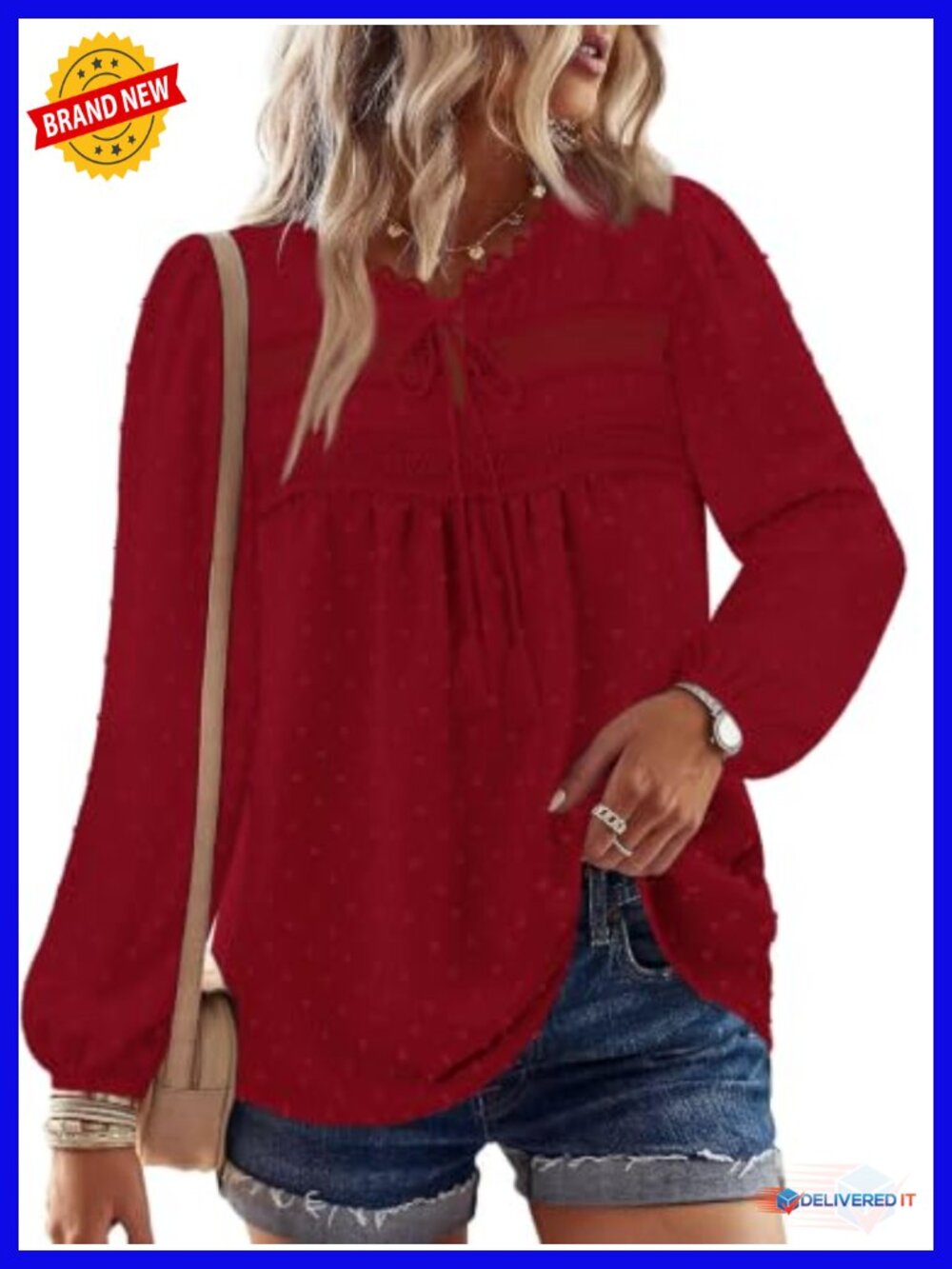 Women's Long Sleeve Swiss Dot Lace Boho Tunic Blouse Flowy Peasant Top